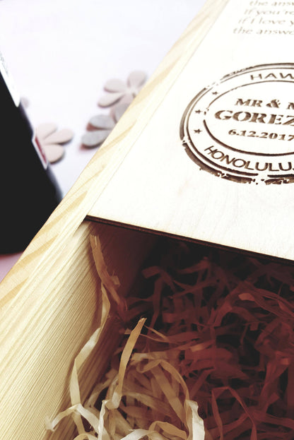 Engraved  wine box ceremony, wooden wedding wine case with love quote, Custom stamp gift, personalized 1st Anniversary Gift For Couple