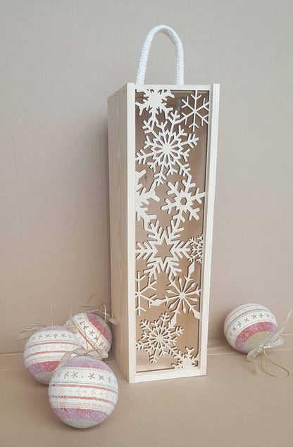Engraved Wooden Christmas Wine Box: Laser Cut Snowflake Ornament