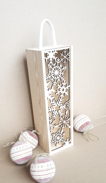 Engraved Wooden Christmas Wine Box: Laser Cut Snowflake Ornament