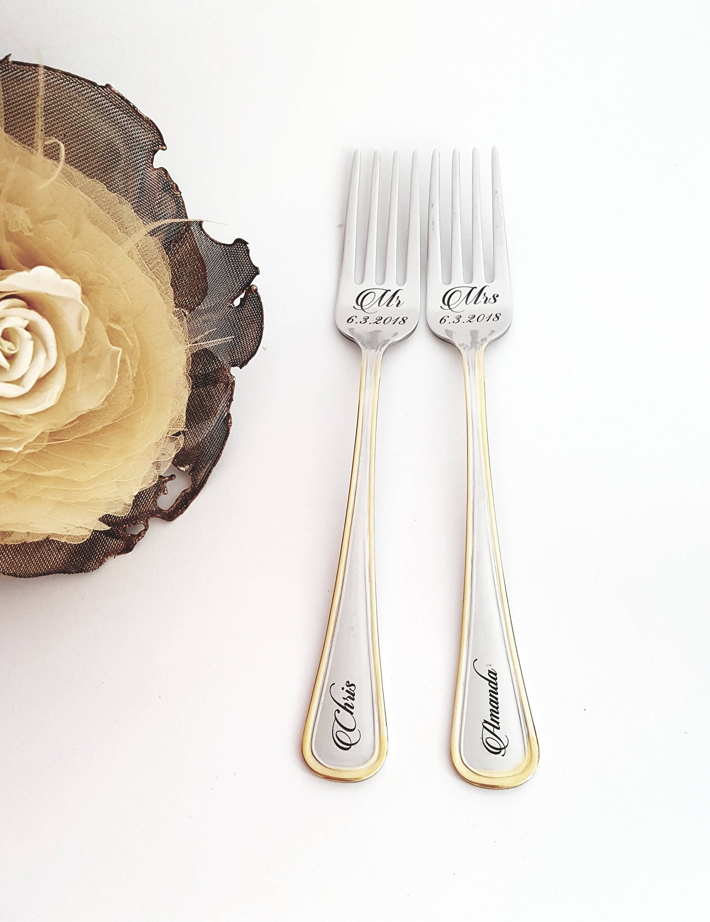 Engraved Wedding Forks Set: Personalized Mr & Mrs Gold Trim Flatware