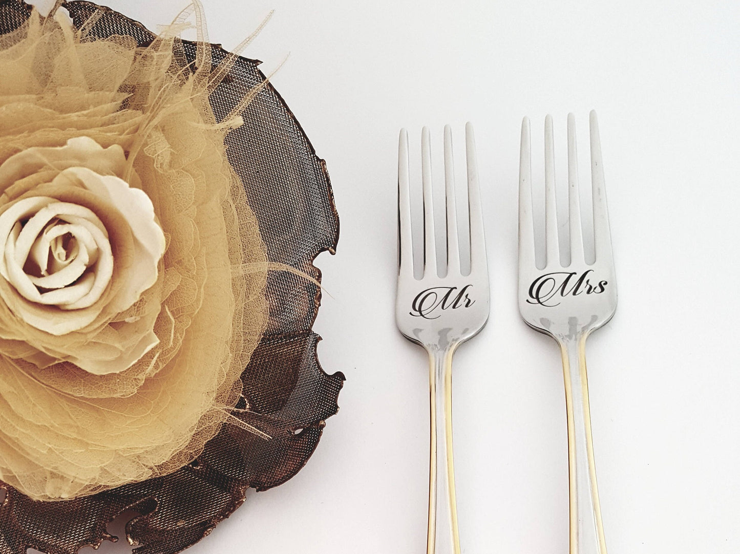 Engraved Wedding Forks: Personalized Mr & Mrs Gold Flatware Set