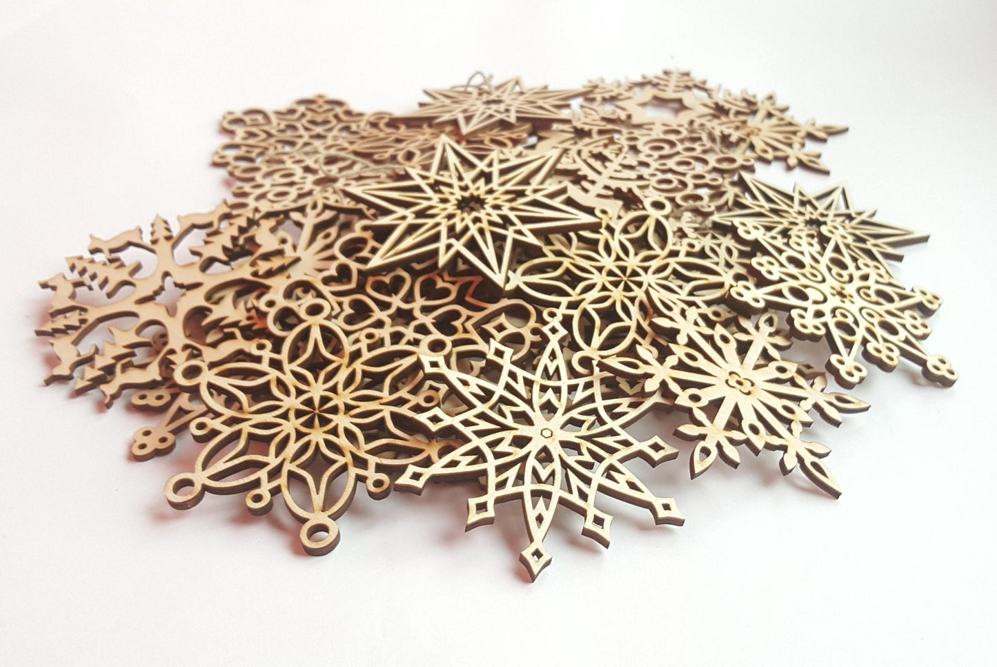 Laser Cut Wood Snowflake Ornaments: Rustic Christmas Decor, Set of 20