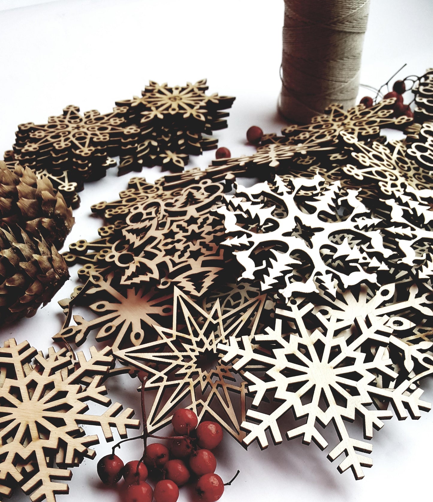 Laser Cut Wood Snowflake Ornaments: Rustic Christmas Decor (Set of 36/54)