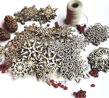 Laser Cut Wood Snowflake Ornaments: Rustic Christmas Decor (Set of 36/54)