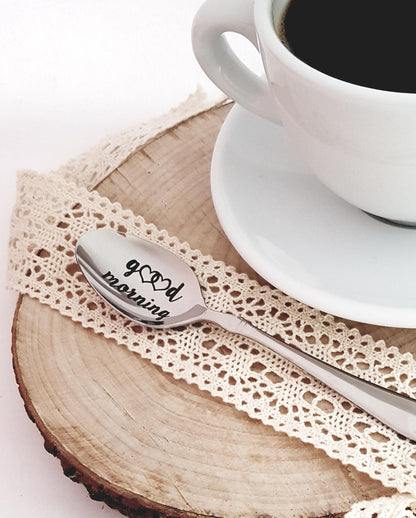 Kaffeelöffel mit eingraviertem Spruch GOOD MORNING, personalisiertes Geschenk für Freunde, Mutter, Vater, Weihnachtsgeschenk für Kaffeeliebhaber,