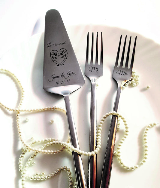 Engraved Wedding Cake Server Set: Personalized Stainless Steel Forks, Couple Gift