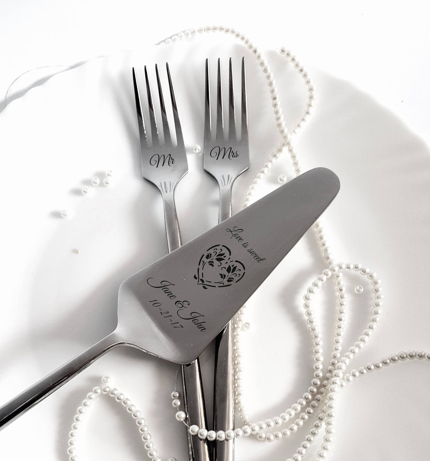 Engraved Wedding Cake Server Set: Personalized Stainless Steel Forks, Couple Gift