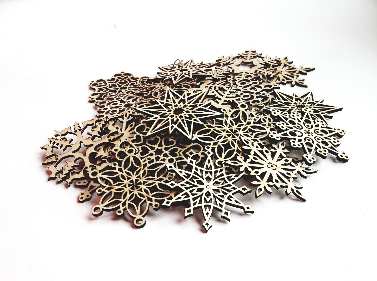 Laser Cut Wood Snowflakes: Rustic Christmas Tree Ornaments, Set of 32