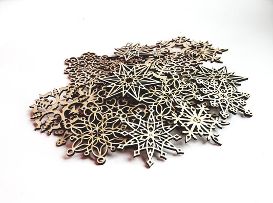 Laser Cut Wood Snowflakes: Rustic Christmas Tree Ornaments, Set of 32