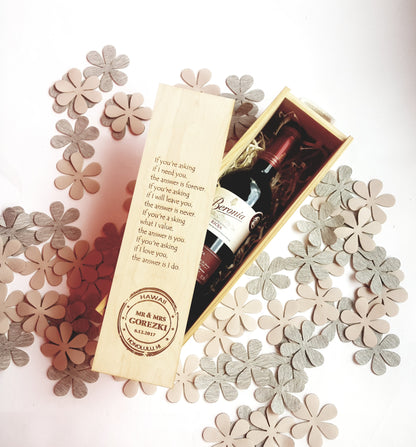 Engraved  wine box ceremony, wooden wedding wine case with love quote, Custom stamp gift, personalized 1st Anniversary Gift For Couple