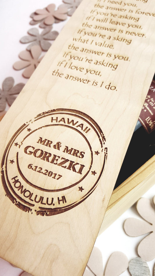 Romantic Quote Gift Wood Wine Box Custom Engraved Love Stamp Funny Valentines Day Wedding Wine Ceremony Gift 1st Anniversary Gift For Couple