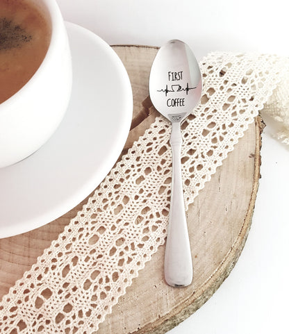 Engraved Coffee Spoon: "First Coffee" Stainless Steel Gift