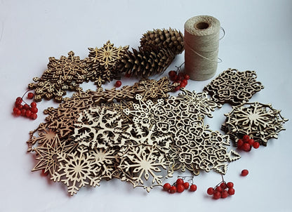 Laser Cut Wooden Snowflake Ornaments: Rustic Christmas Decor Set, Natural Winter Holiday Tree Decorations with Rope, Xmas Home Decor Set