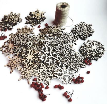 Laser Cut Wood Snowflake Ornaments: Rustic Christmas Decor (Set of 36/54)