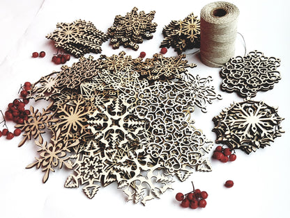 Laser Cut Wood Snowflake Ornaments: Rustic Christmas Decor (Set of 36/54)