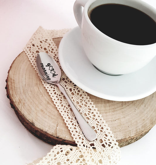 Coffee spoon with engraved quote GOOD MORNING,  personalized bauble gift for friend, mother, father, Christmas present for coffee lovers,