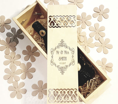 Wooden wedding wine box, personalized wine ceremony gift, laser cut wine holder, Mr Mrs engraved present,  1st anniversary gift for him her