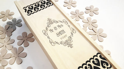 Wooden wedding wine box, personalized wine ceremony gift, laser cut wine holder, Mr Mrs engraved present,  1st anniversary gift for him her