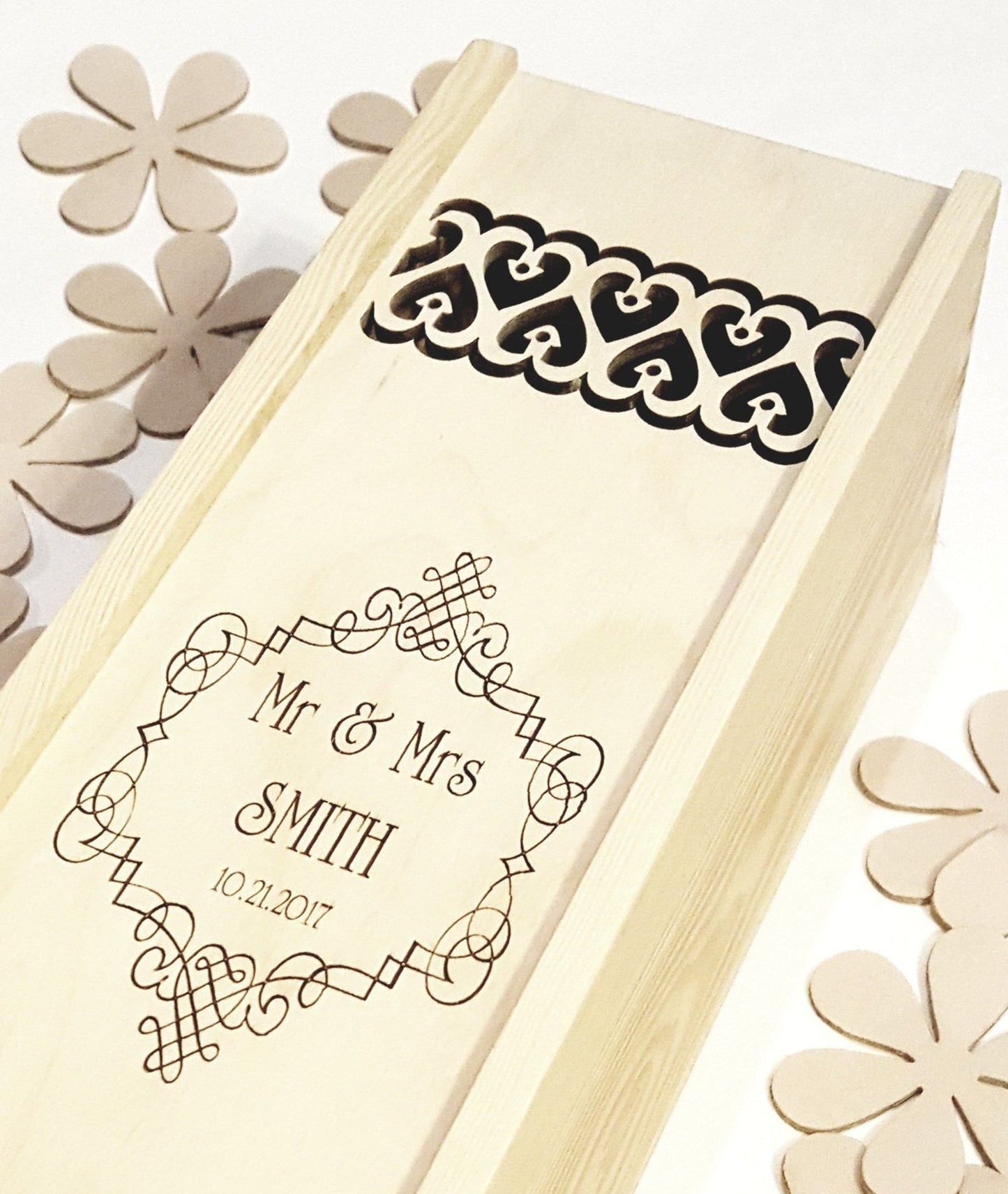 Wooden wedding wine box, personalized wine ceremony gift, laser cut wine holder, Mr Mrs engraved present,  1st anniversary gift for him her