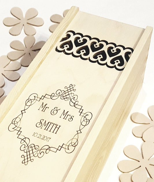 Wooden wedding wine box, personalized wine ceremony gift, laser cut wine holder, Mr Mrs engraved present,  1st anniversary gift for him her