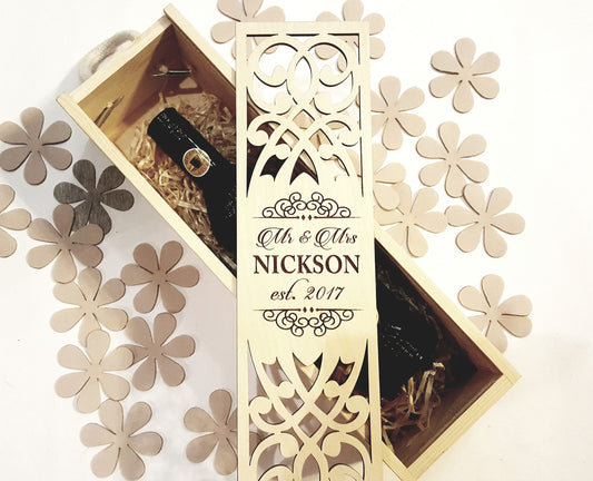 Engraved Wedding Wine Box Ceremony Gift, Custom Wooden Wine Holder with Candle, Mr Mrs Anniversary Present for Couple, Laser Cut Lantern