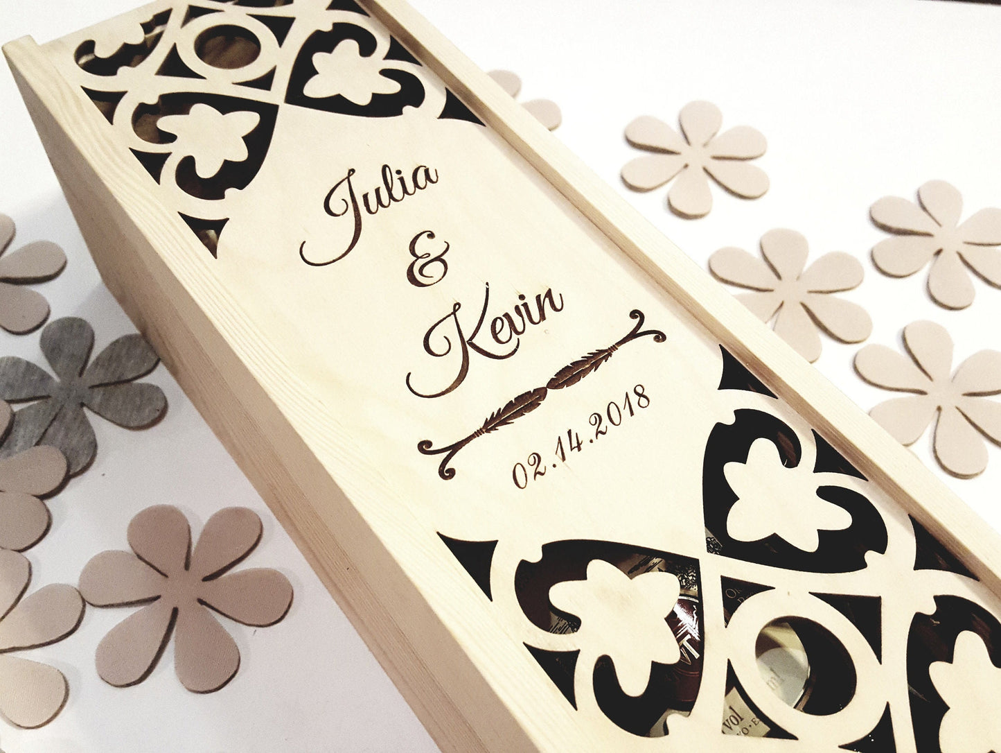 Wine box ceremony, Wedding engraved wine case, Custom gift for bride and groom, Anniversary present for couple, Laser cut wedding memory box