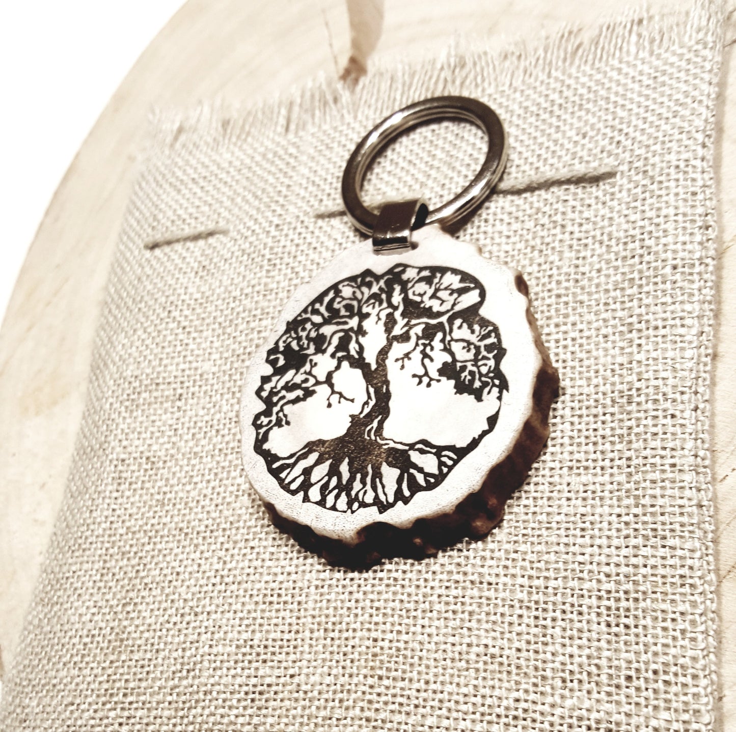 Engraved Tree of Life Keychain: Natural Deer Horn Keyring