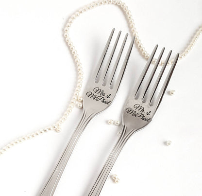 Personalized Wedding Forks: Engraved Stainless Steel Mr & Mrs Silverware Set