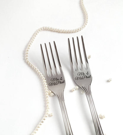 Personalized Wedding Forks: Engraved Stainless Steel Mr & Mrs Silverware Set