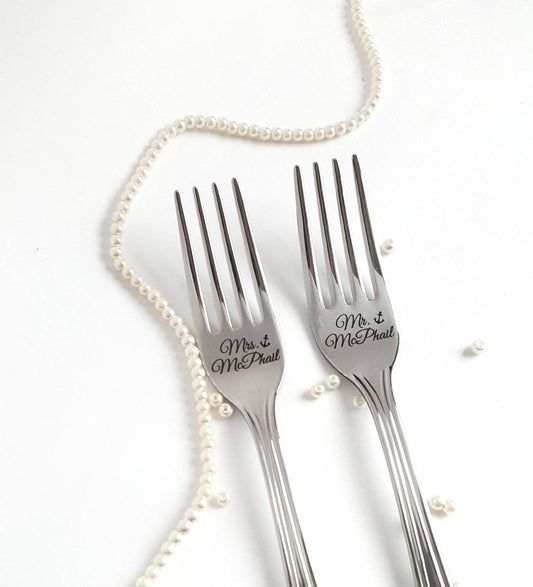 Personalized Wedding Forks: Engraved Stainless Steel Mr & Mrs Silverware Set