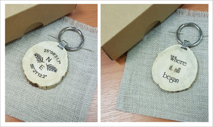 Engraved Deer Horn Keychain: Personalized GPS Coordinates Gift