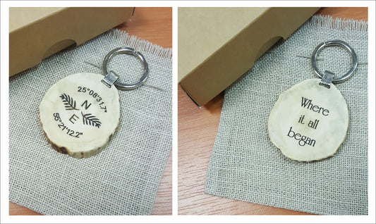 Engraved Deer Horn Keychain: Personalized GPS Coordinates Gift