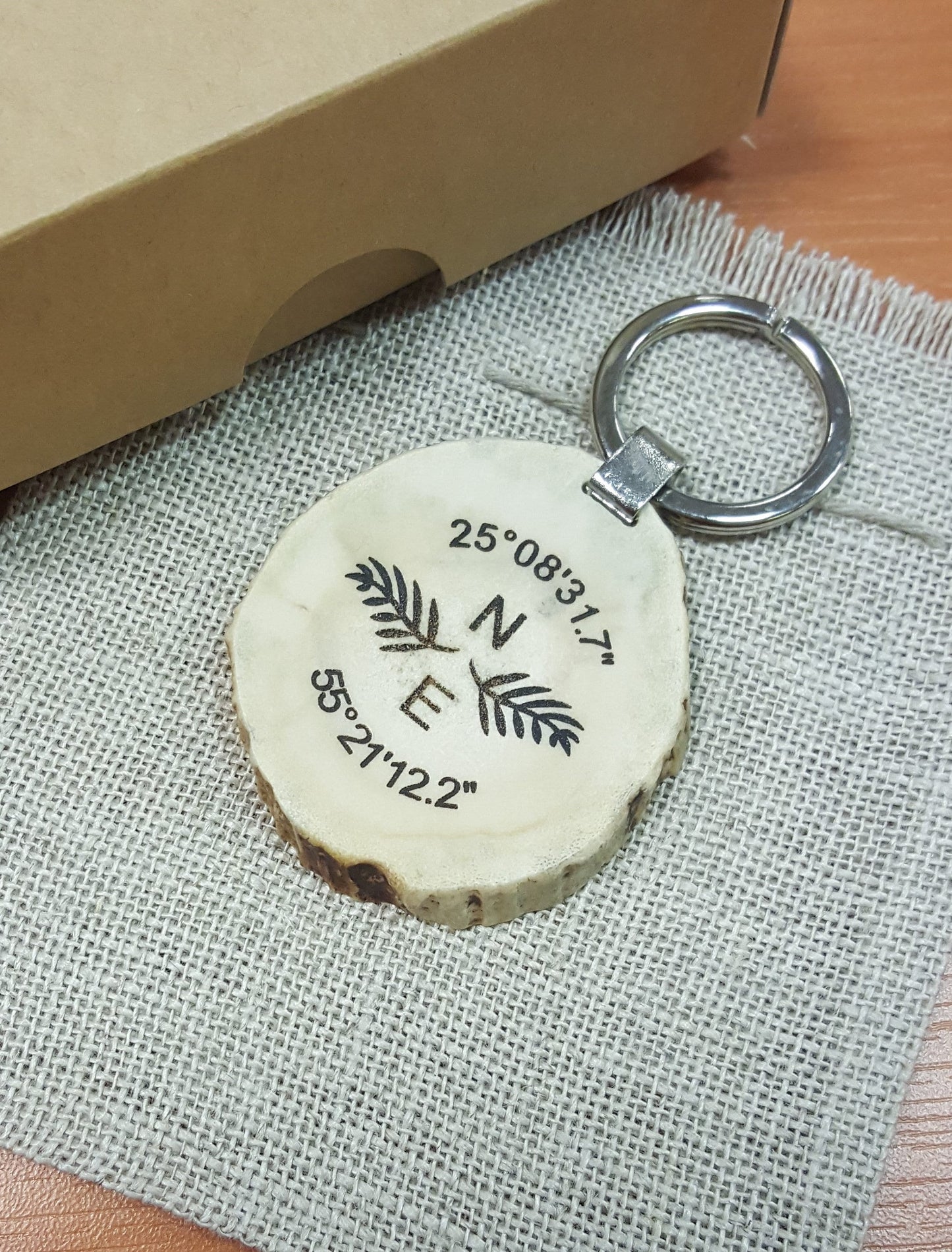 Engraved Deer Horn Keychain: Personalized GPS Coordinates Gift