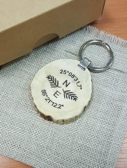 Engraved Deer Horn Keychain: Personalized GPS Coordinates Gift