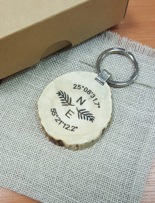 Engraved Deer Horn Keychain: Personalized GPS Coordinates Gift