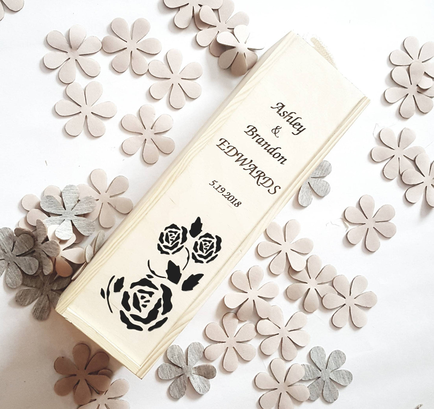 Custom wine box with names and wedding date, laser cut engraved wine case, anniversary gift for couple, wood present for bride and groom