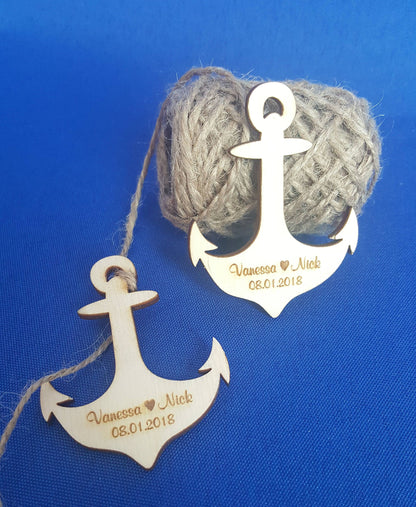Engraved Wooden Anchor Favors: Beach Wedding Table Place Cards