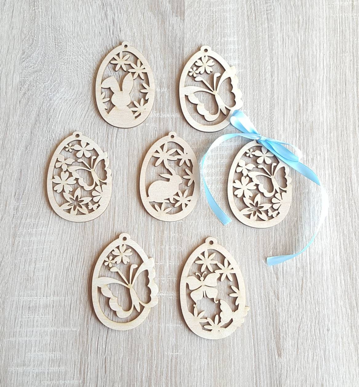Laser Cut Birch Easter Egg Ornament: Floral Butterfly Decor