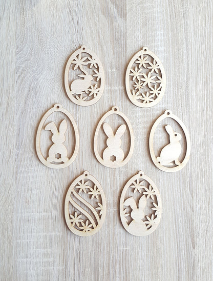 Laser Cut Wood Easter Egg Ornament: Bunny, Butterfly, Flower Decor