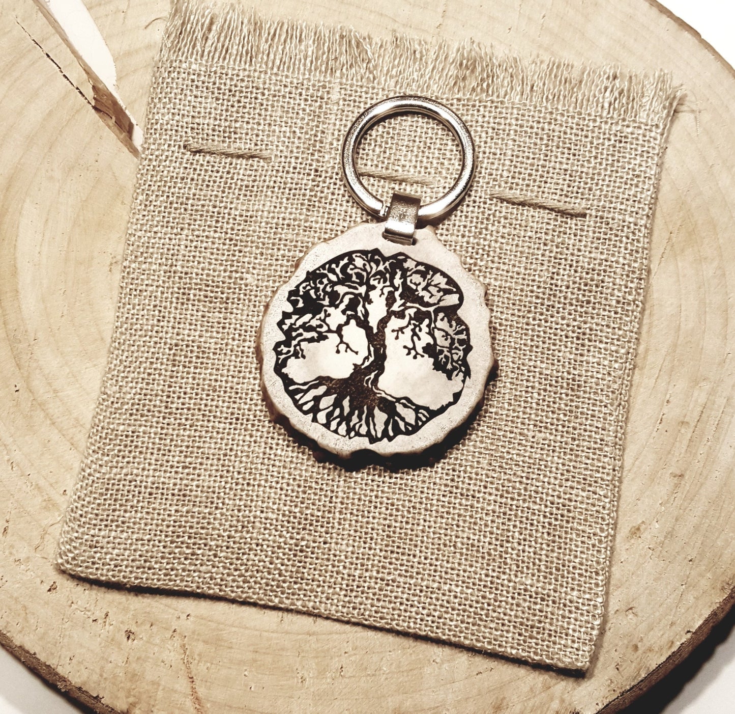 Engraved Tree of Life Keychain: Natural Deer Horn Keyring