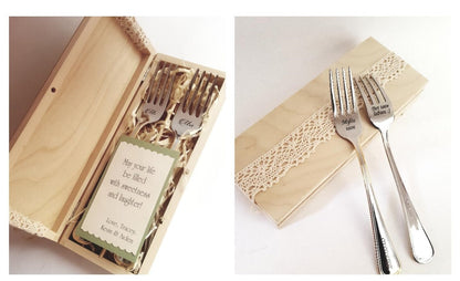 Gift wrapping for the forks. Beautiful wood box for wedding gift