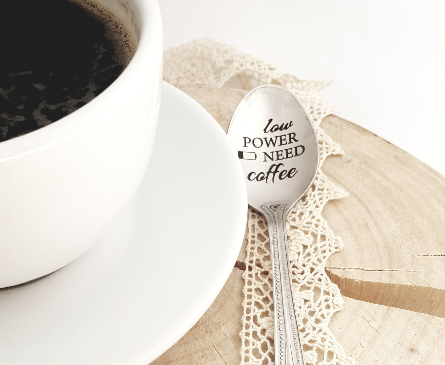 Engraved Coffee Spoon: "Low Power Need Coffee" - Unique Teaspoon