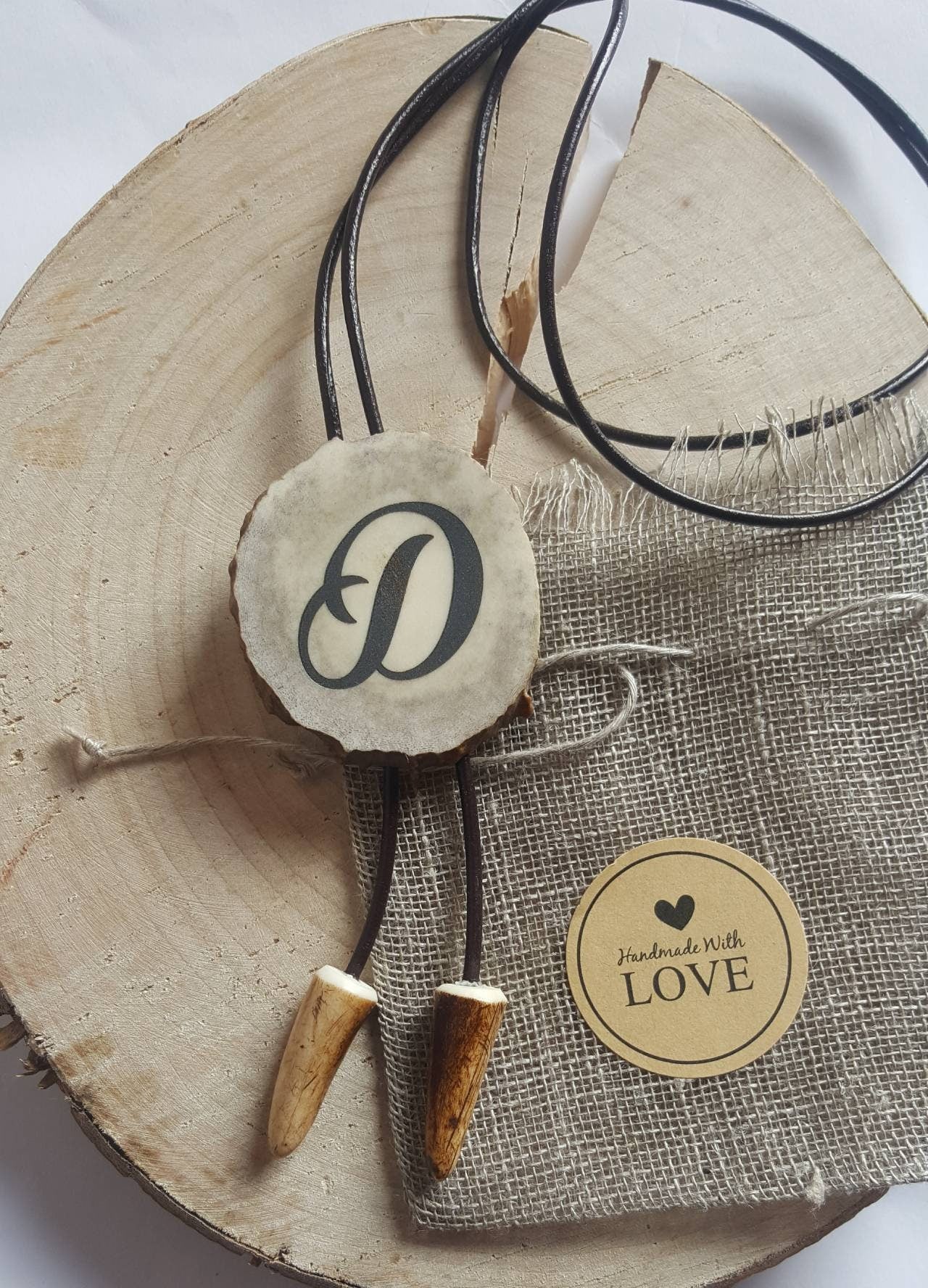 Custom Initial Bolo Tie: Engraved Deer Horn Western Necklace