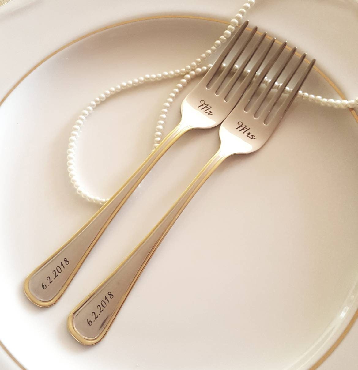 Personalized Mr & Mrs Wedding Forks: Engraved Gold Trim Silverware Set