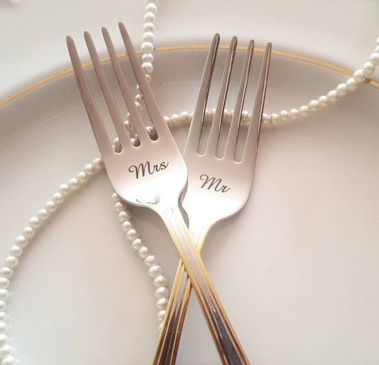 Personalized Mr & Mrs Wedding Forks: Engraved Gold Trim Silverware Set