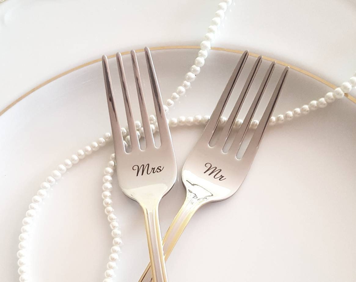 Personalized Mr & Mrs Wedding Forks: Engraved Gold Trim Silverware Set