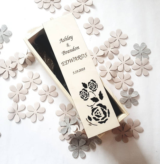 Custom wine box with names and wedding date, laser cut engraved wine case, anniversary gift for couple, wood present for bride and groom