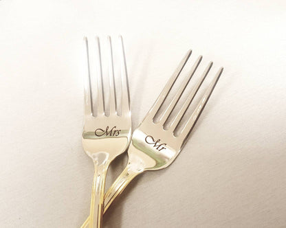 Personalized Wedding Forks: Engraved Gold Trim Silverware, Mr & Mrs Dining Set