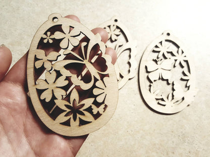 Laser Cut Birch Easter Egg Ornament: Floral Butterfly Decor