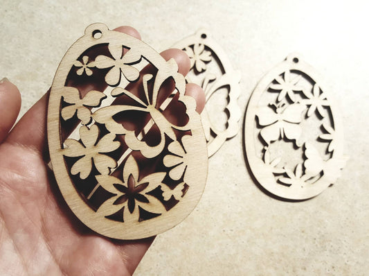 Laser Cut Birch Easter Egg Ornament: Floral Butterfly Decor